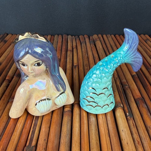 Source Unknown Other - Rare Lusterware Mermaid Salt and Pepper Shaker Set Tiki Bar Kitsch Beach #2006